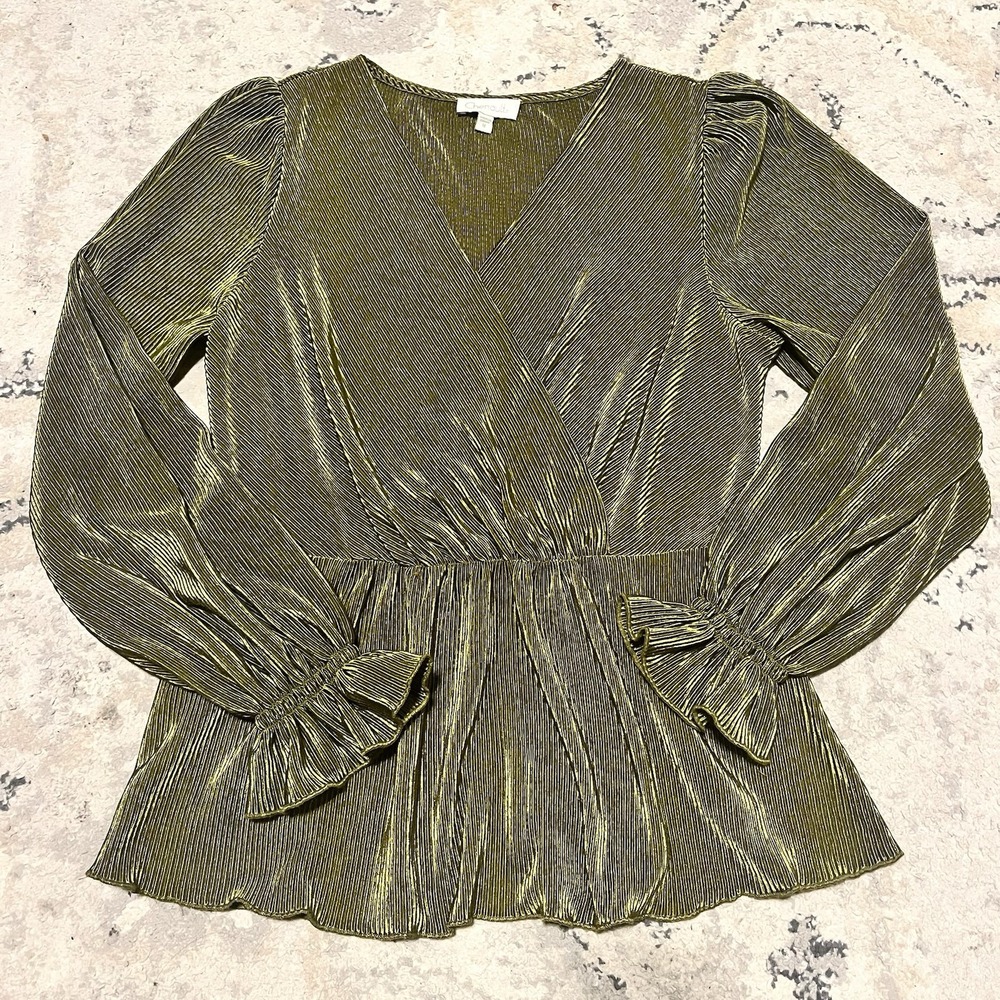 Chenault Women M Green Metallic Peplum Bishop Sleeve‎ Blouse Party Holiday Event